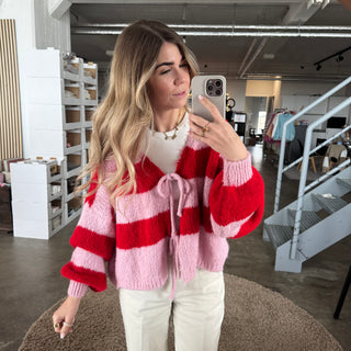 Strickjacke Schleifen & Streifen - Rot x Rosa