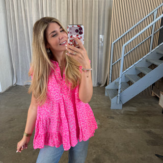 Kurzarm Musselinbluse - Leo Neon Pink
