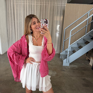 Oversize Musselinbluse Small Stripes - Rosa x Rot