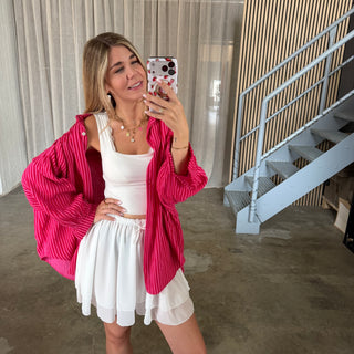 Oversize Musselinbluse Small Stripes - Pink x Rot