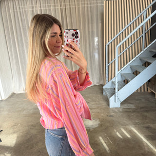Oversize Musselinbluse Small Stripes - Lollipop