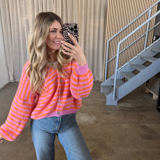 V-Neck Stripes Strickjacke - Orange x Pink