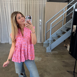 Kurzarm Musselinbluse - Leo Lila x Neon Orange