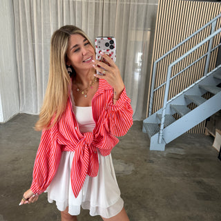 Oversize Musselinbluse Small Stripes - Orange x Rosa