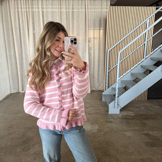 Rüschen Strickjacke Small Stripes - Rosa