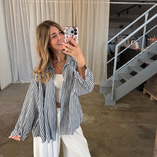Oversize Musselinbluse Small Stripes - Navi x Weiß