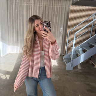Stripes Zipp Jacke - Dark Coral x Weiß