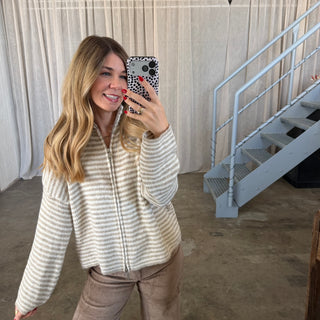 Stripes Zipp Jacke -Beige x Weiß