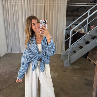 Oversize Musselinbluse Small Stripes - Double Blue