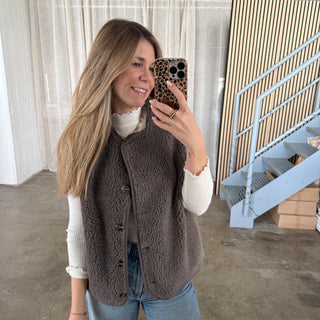 Button Teddy Weste - Taupe