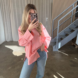 Oversize Bluse Leinen-Look - Coral