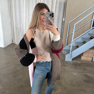 Long Strickjacke Karos - Braun x Creme