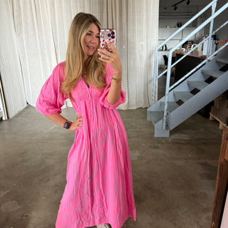 Musselinkleid Ella - Small Stripes Neon Pink x Rosa