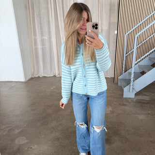 Strickjacke Small Stripes - Hellblau x Weiß