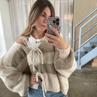 Strickjacke Schleifen & Streifen - Beige