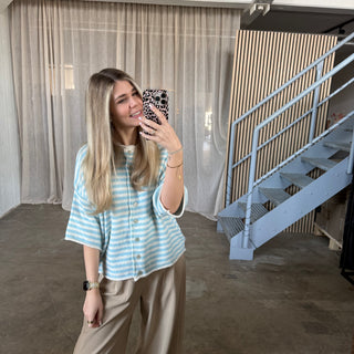 Kurzarm Stripes Strickjacke - Creme x Hellblau