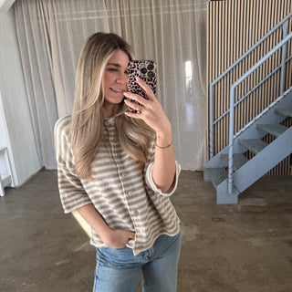 Kurzarm Stripes Strickjacke - Beige x Creme