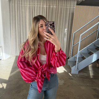 Oversize Musselinbluse Big Stripes - Pink x Rot