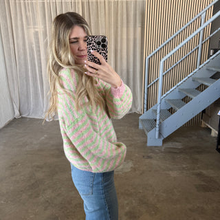 V-Neck Stripes Strickjacke - Rosa x Grün