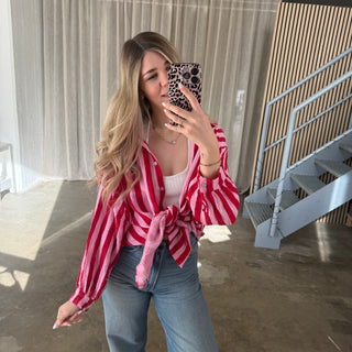 Oversize Musselinbluse Big Stripes - Rosa x Rot