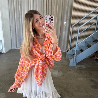 Oversize Musselinbluse Big Leo - Orange x Weiß