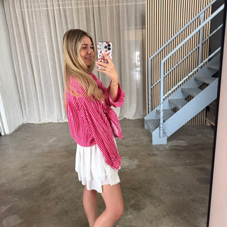 Oversize Musselinbluse Small Stripes - Rosa x Rot