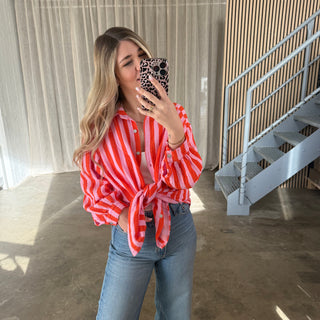 Oversize Musselinbluse Big Stripes - Rosa x Orange