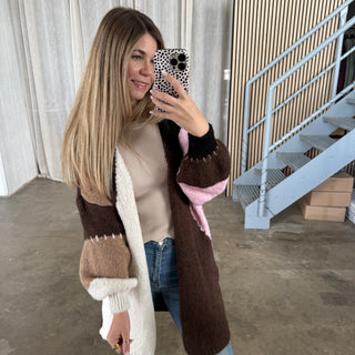 Long Strickjacke Karos - Braun x Schwarz