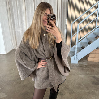 Langarm Poncho - Taupe (inkl. Gürtel)