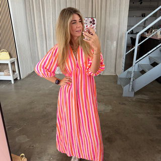 Musselinkleid Ella - Big Stripes Neon x Weiß