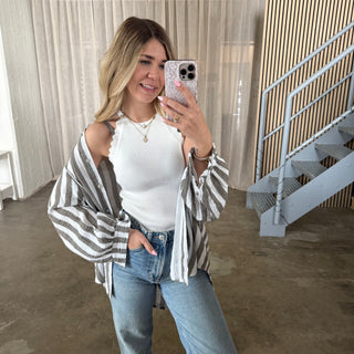 Oversize Musselinbluse Big Stripes - Grau