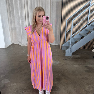 Kurzarm Musselinkleid Long - Big Stripes Flieder