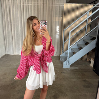 Oversize Musselinbluse Small Stripes - Rosa x Rot