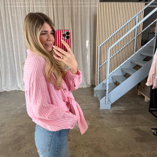 Oversize Musselinbluse Small Stripes - Rosa
