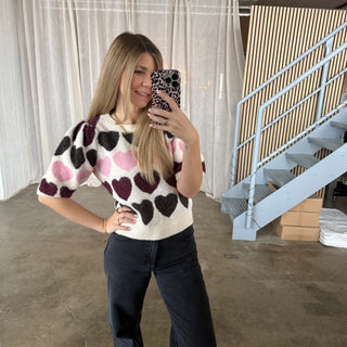 Kurzarm Hearts Oberteil - Bordeaux x Rosa