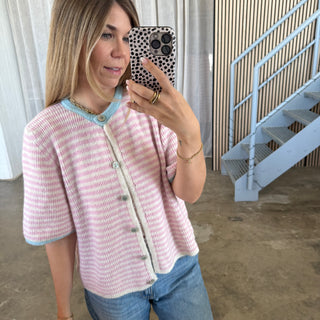 Short Stripes Strickjacke - Rosa x Hellblau