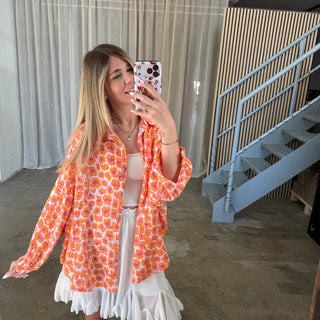 Oversize Musselinbluse Big Leo - Orange x Weiß