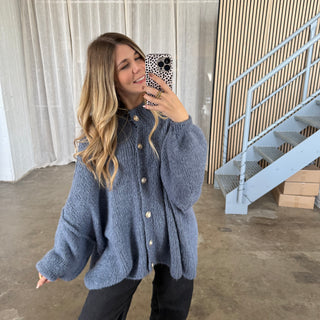 Oversized Strickjacke - Jeansblau