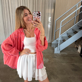 Oversize Musselinbluse Small Stripes - Orange x Rosa