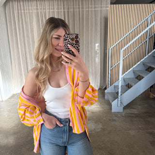 Oversize Musselinbluse Big Stripes - Rosa x Gelb