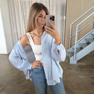 Musselinbluse Streifen - Hellblau x Weiß