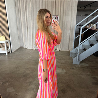 Musselinkleid Ella - Big Stripes Neon x Weiß