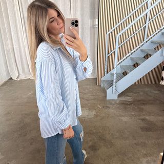 Musselinbluse Streifen - Hellblau x Weiß