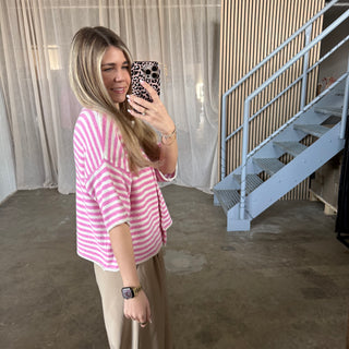 Kurzarm Stripes Strickjacke - Creme x Pink