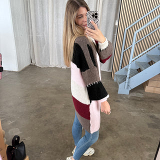 Long Strickjacke Karos - Braun x Creme