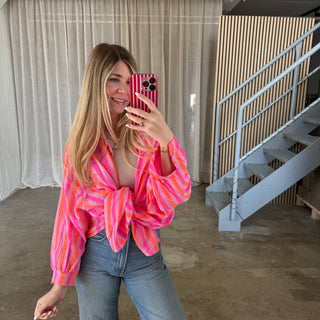 Oversize Musselinbluse Big Stripes - Neon
