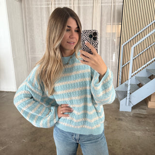 Pulli Curved Stripes - Hellblau x Creme