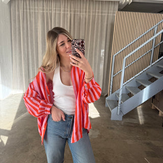 Oversize Musselinbluse Big Stripes - Rosa x Orange
