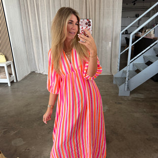 Musselinkleid Ella - Big Stripes Neon x Weiß