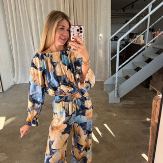 Off Shoulder Top Tropical - Blau